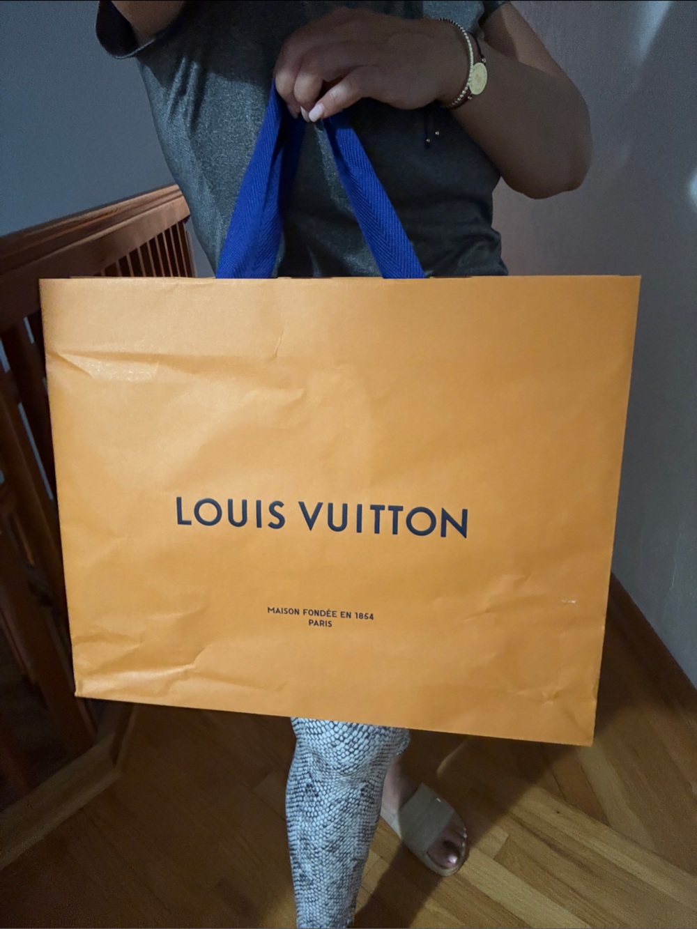 Louis Vuitton Shopping Bag in Tan with Blue Logo